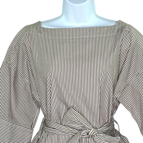EVERLANE S Belted Poplin Block Sleeve Shirt Striped Taupe White Crisp Classic - Picture 4 of 10